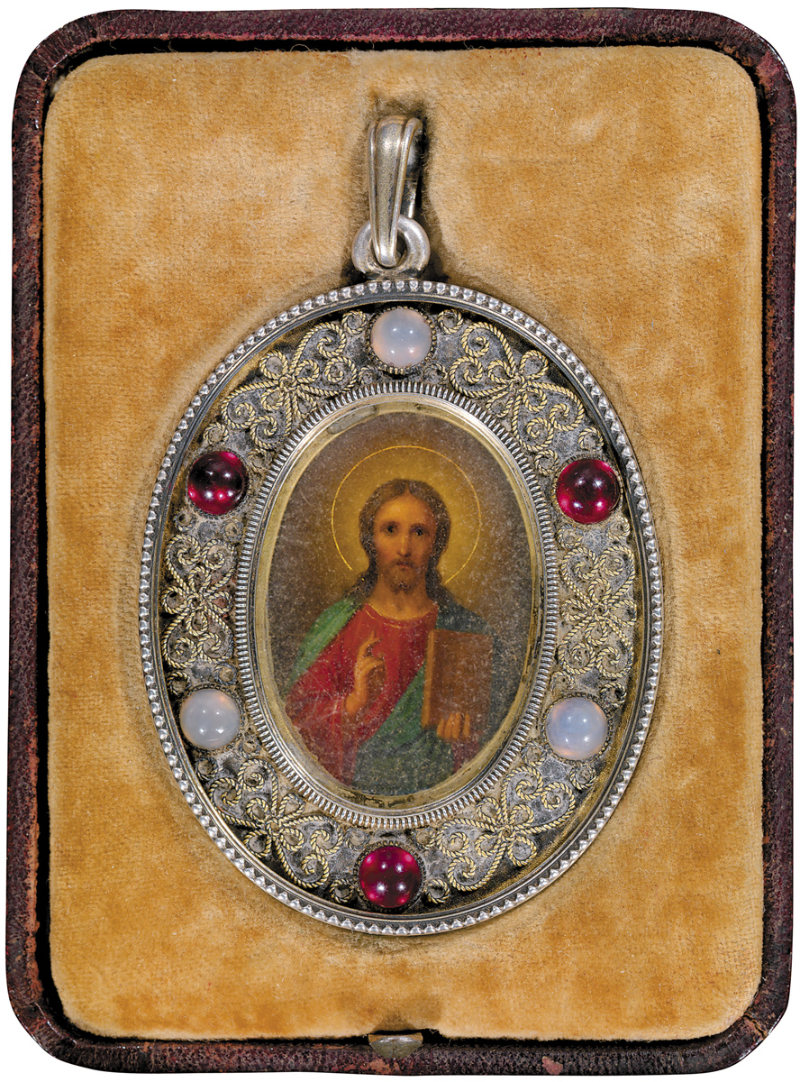 EARLY 20TH CENTURY, OIL ON ZINC PLATE, MAKER'S MARK OF VICTOR ARNE IN CYRILLIC,MARK OF KARL FABERGÉ IN CYRILLIC, MOSCOW, HAND-WRITTEN DATE ON INTERNAL BACKING PLATE 21 FEBRUARY, 1904
