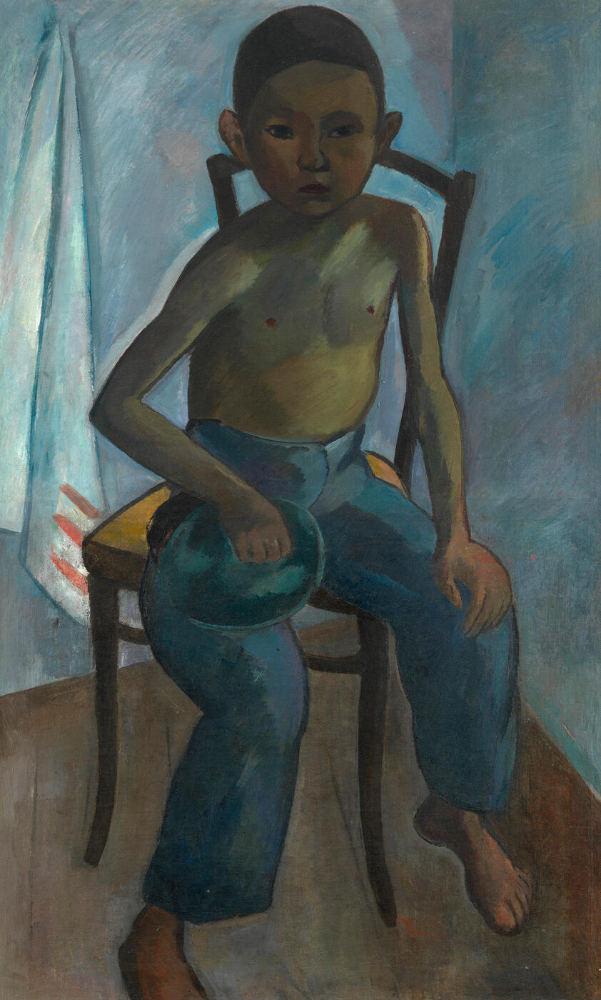 Boy with a Cap, Sitting on a Chair, double-sided composition with two oil paintings Fisherman Smoking and Wild Flowers on the reverse.