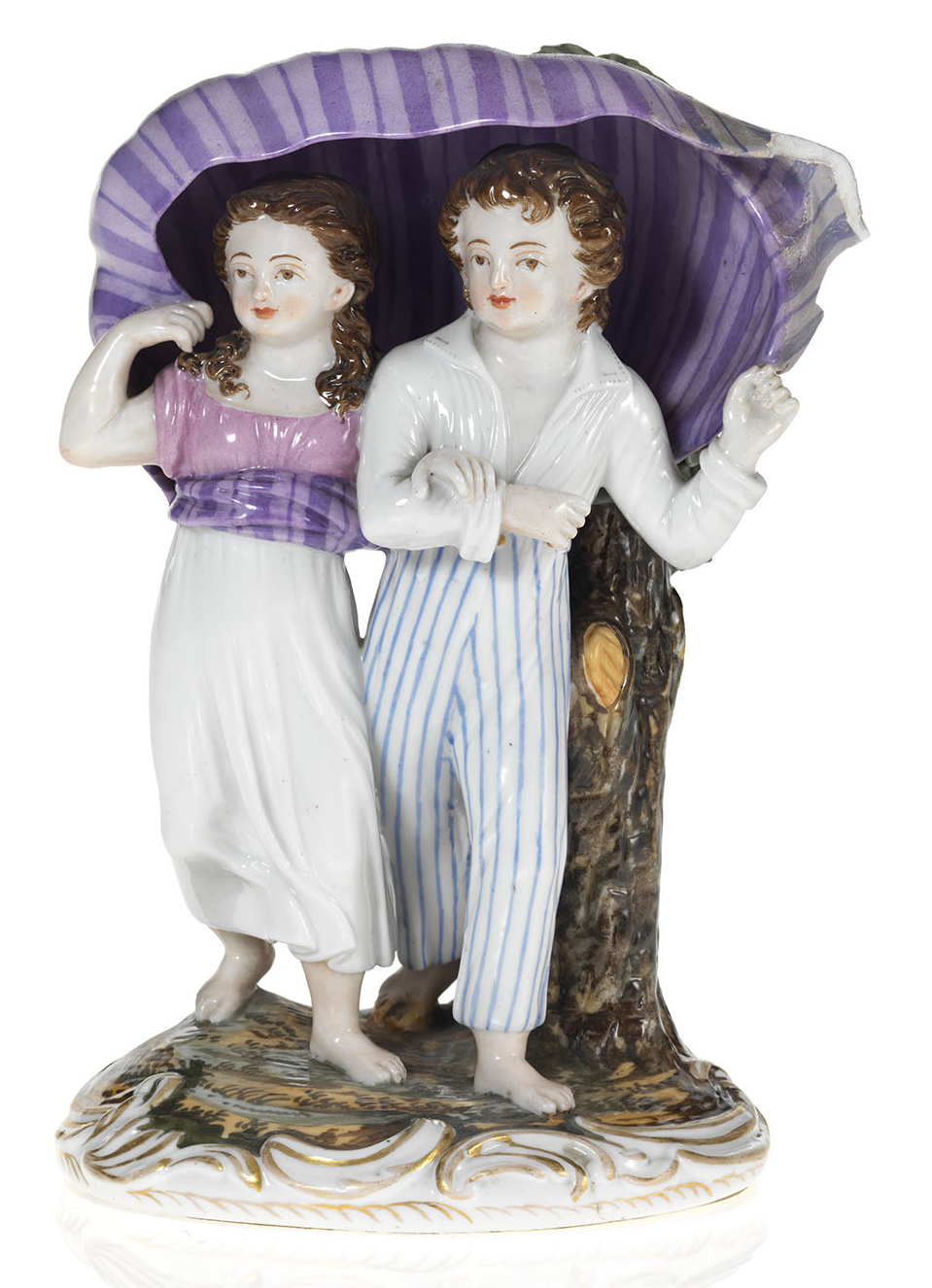 A Porcelain Composition of a Young Couple Running from the Storm