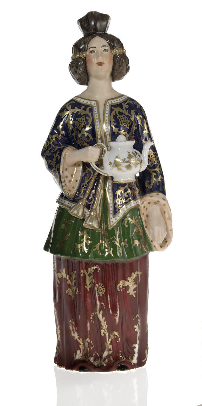 A Porcelain Scent Bottle in a Form of a Lady with a Teapot