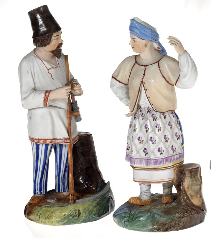Two Biscuit Porcelain Figurines of a Peasant Woman Dancing and a Haymaker