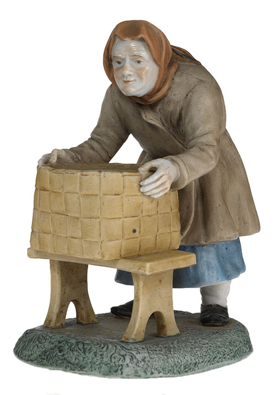 A Biscuit Porcelain Figurine of an Old Woman with a Basket