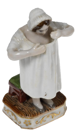 An Amusing Miniature Erotic Porcelain Figurine of a Lady Inspecting Her Frontage
