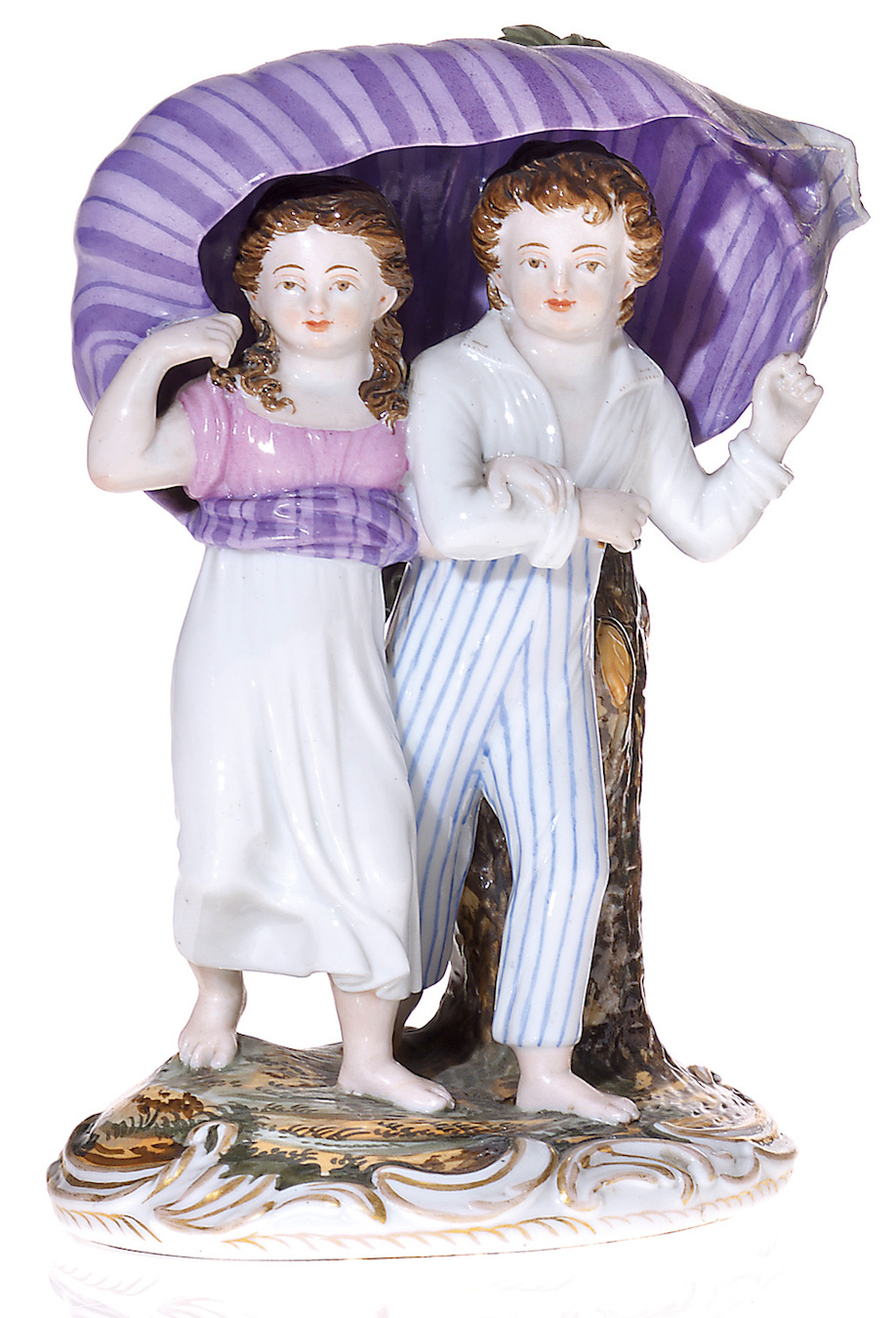 A Russian Porcelain Composition  of a Young Couple Sheltering from the Storm