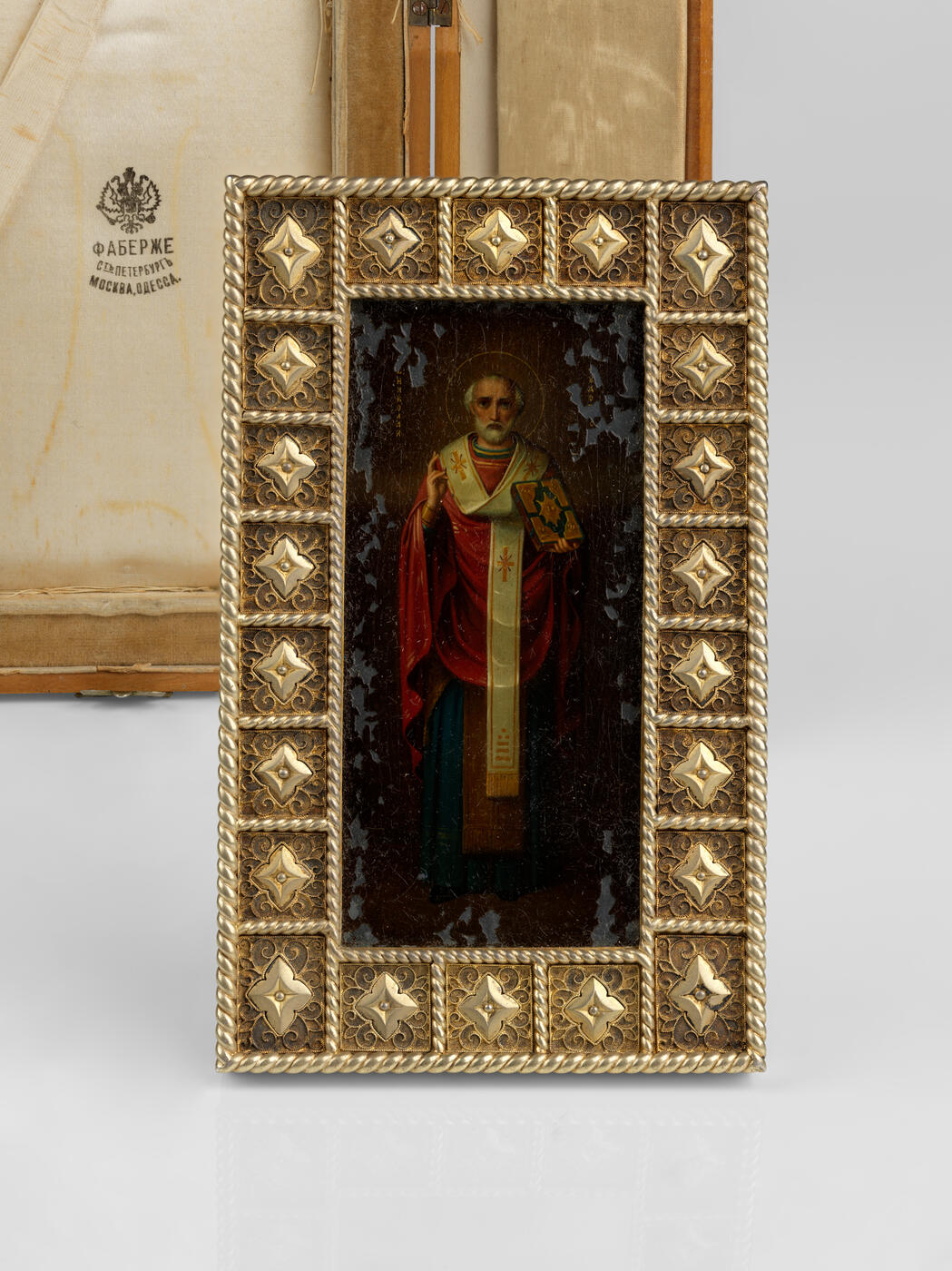A Fabergé Icon of St Nicholas in Silver Frame with Original Wooden Case