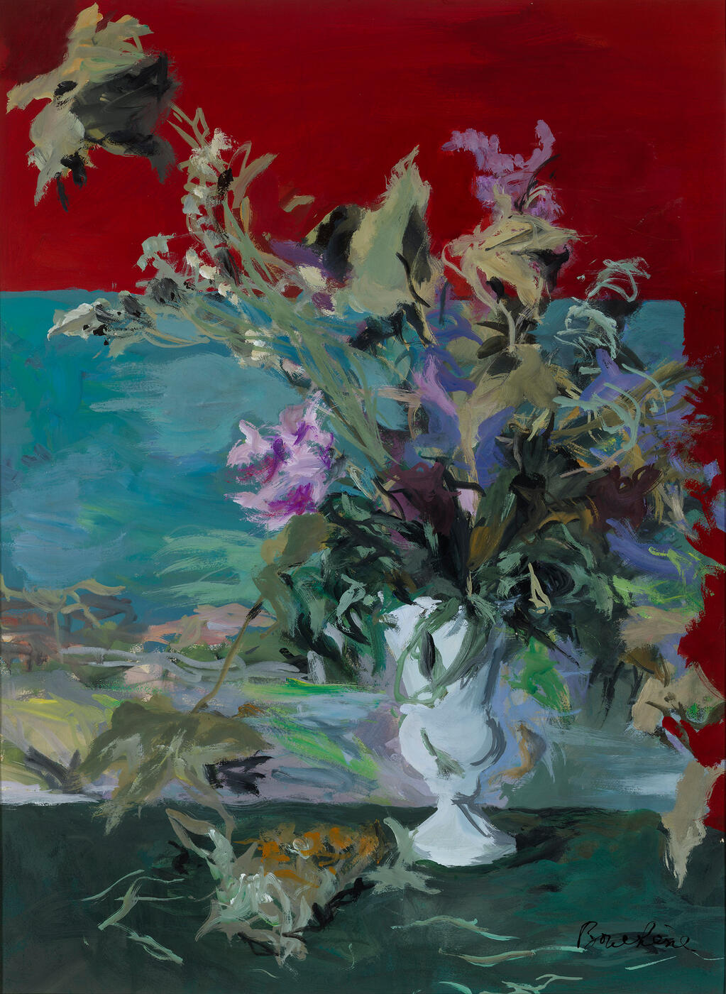 Vase of Flowers Against a Blue and Red Background