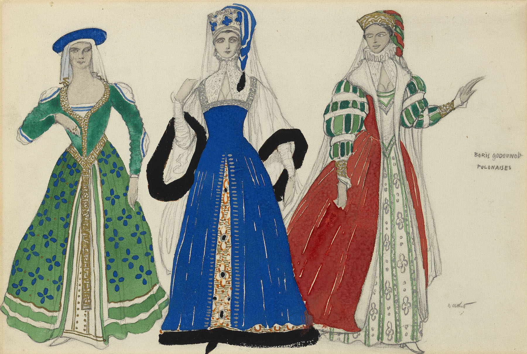 Costume Design for Three Women Dancing a Polonaise in Mussorgsky's Opera "Boris Godunov"
