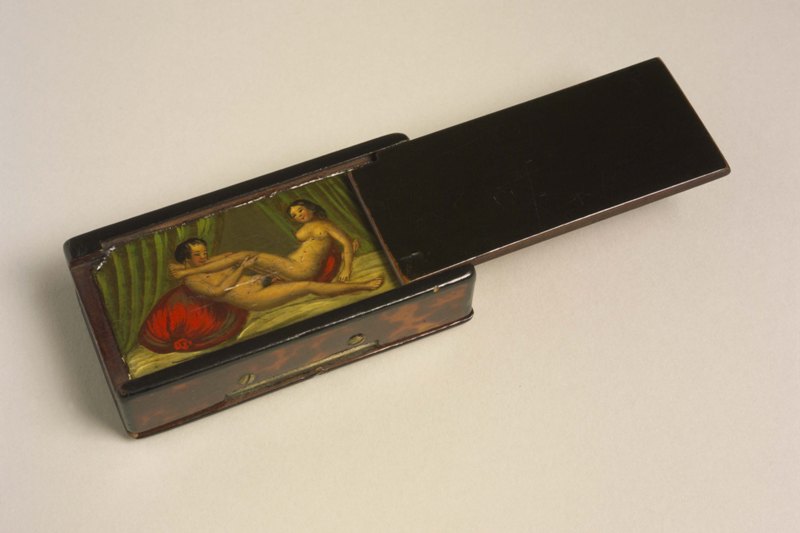 Wooden rectangular box, with sliding lead hiding erotic picture