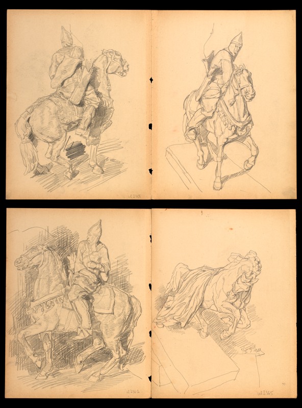 Eleven Sketches of Horsemen and Horses plus a Study of a Peasant