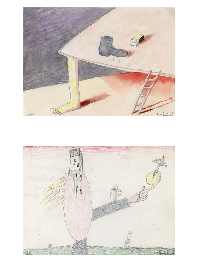 Two drawings: 'Surrealist Table-Leg' and 'Surrealist Composition with Domestic Objects'