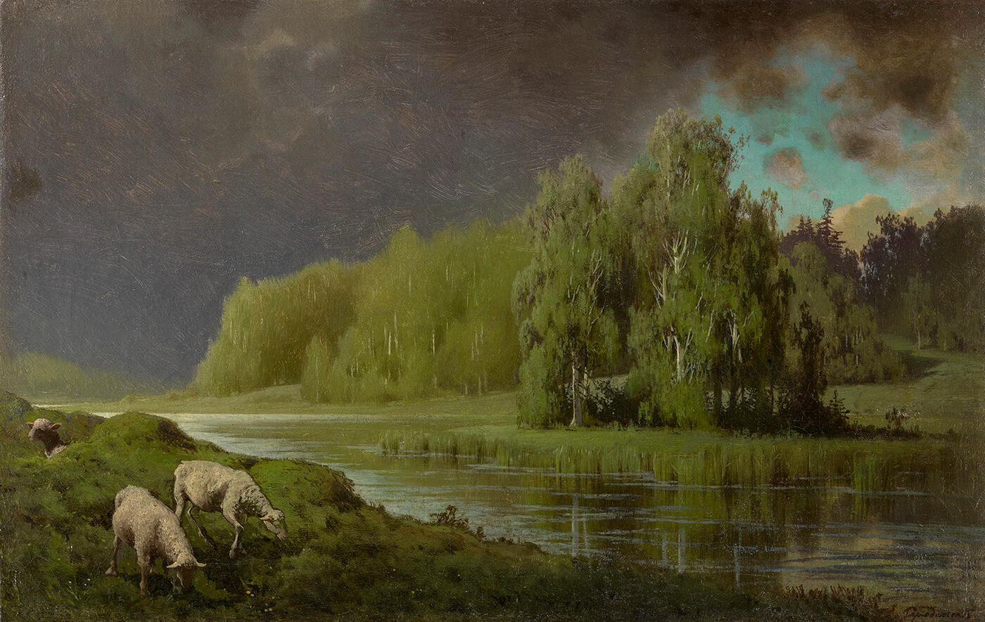 Approaching Storm, Sheep on a River Bank