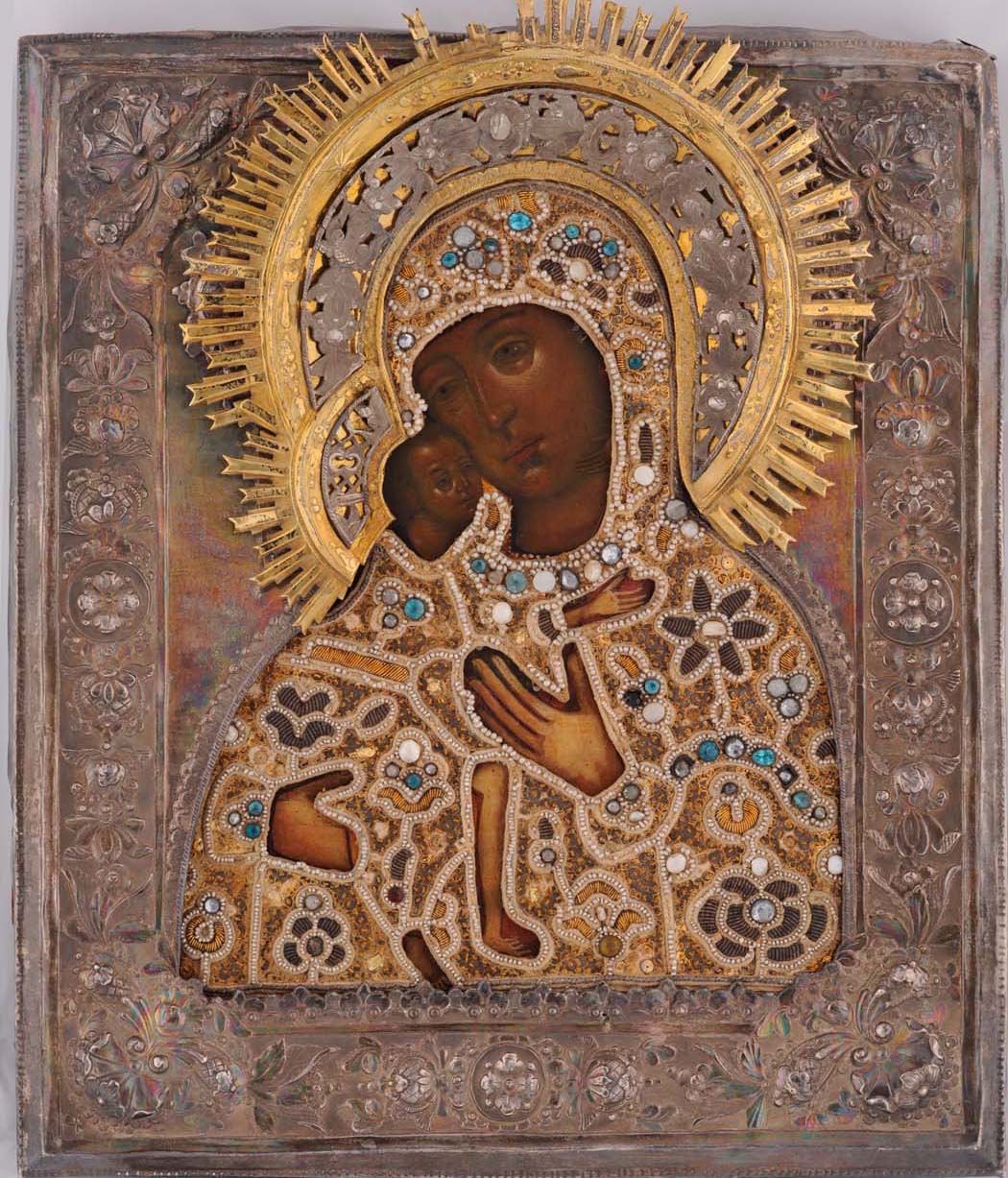 RUSSIAN, THE ICON DATING TO THE FIRST HALF OF XVIII CENTURY, THE OKLAD WITH MAKER’S MARK V.S IN CYRILLIC, TVER, 1841