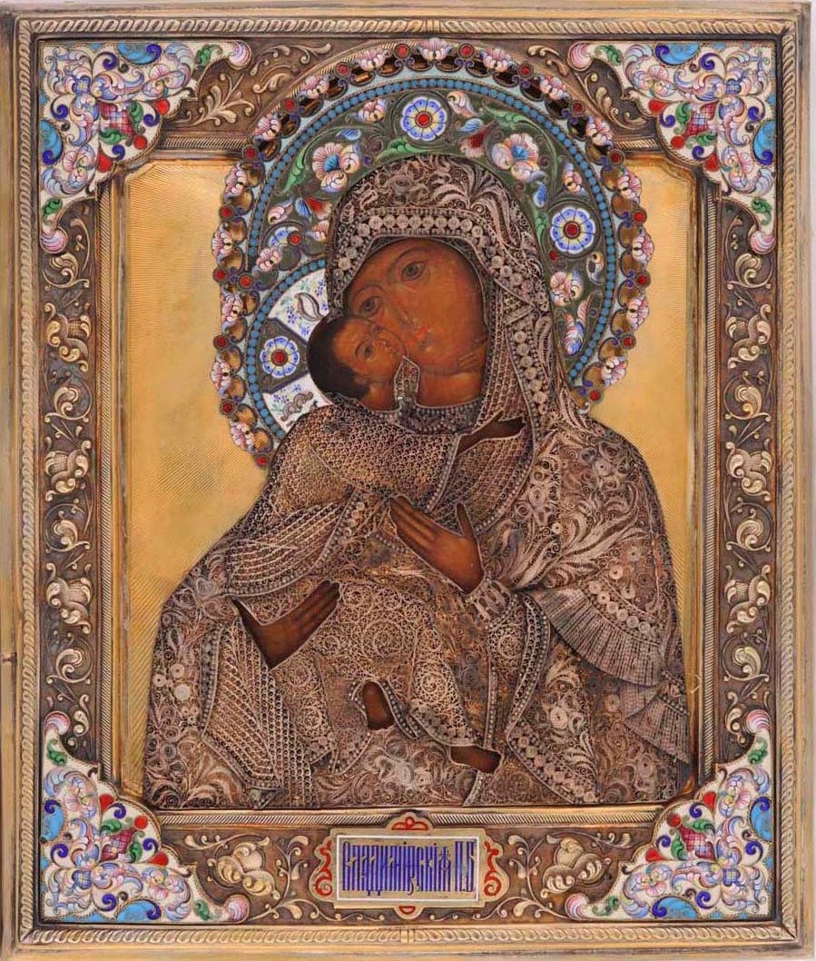 RUSSIAN, THE ICON DATING CIRCA 1800, THE OKLAD MADE BY THE FIRST MOSCOW ARTEL, 1908