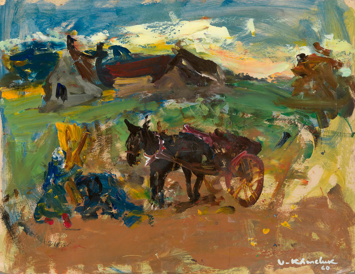 Village Landscape with Horse and Cart ,