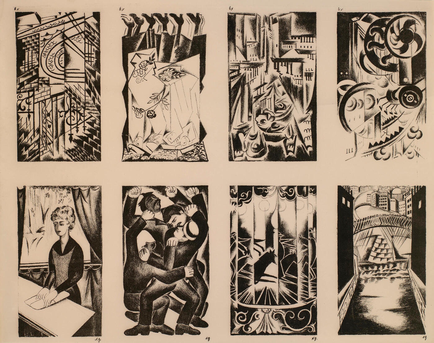 Illustrations for "La Cité" by Alexandre Roubakine, </i>two identical uncut sheets with eight lithographs each<i>,