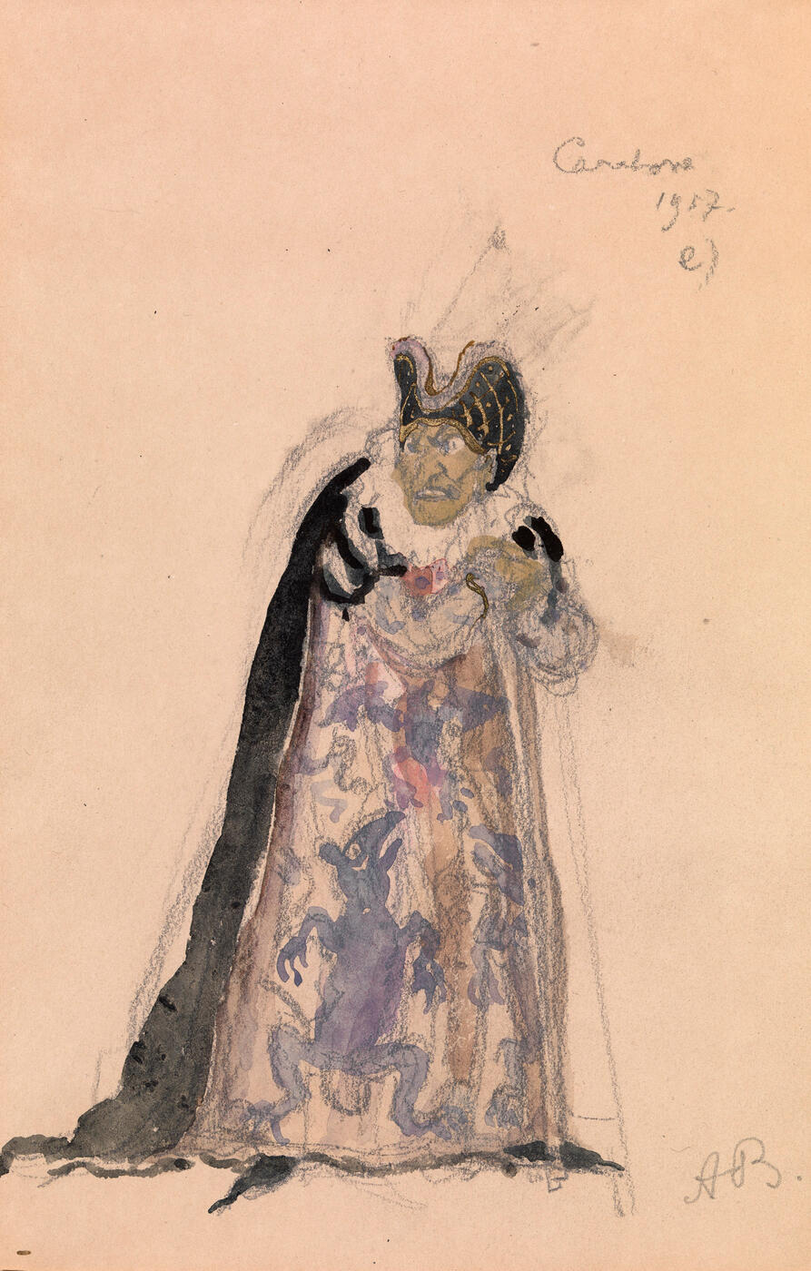 Costume Designs for the Wicked Fairy Godmother and the Mouse Pulling Her Wagon in “The Sleeping Beauty”