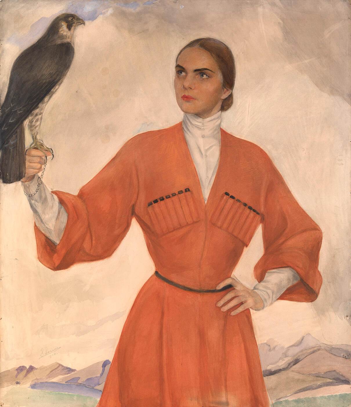 An Elegant Lady Dressed as a Cossack and Holding a Hunting Falcon