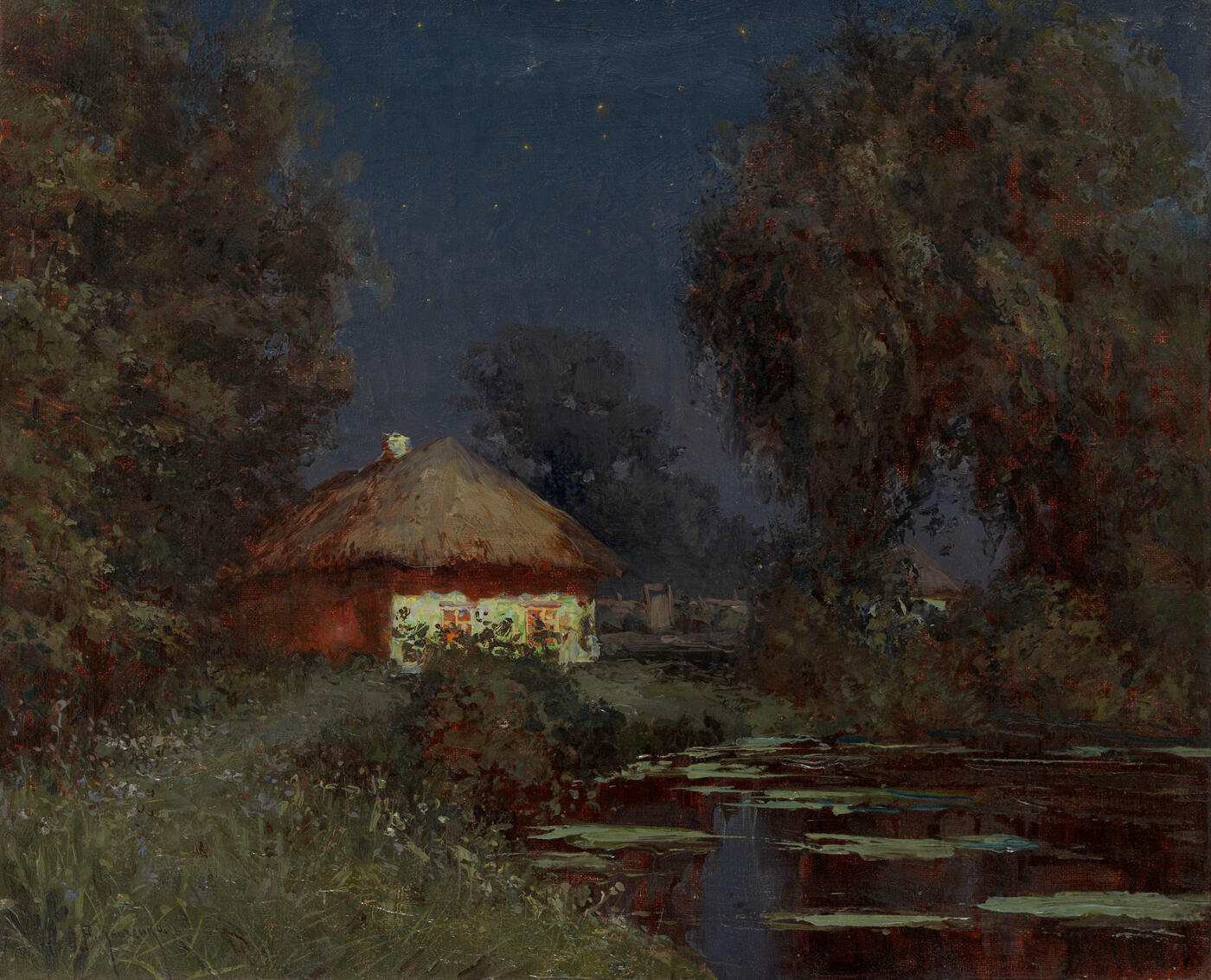 Ukrainian Hut near a Pond at Night
