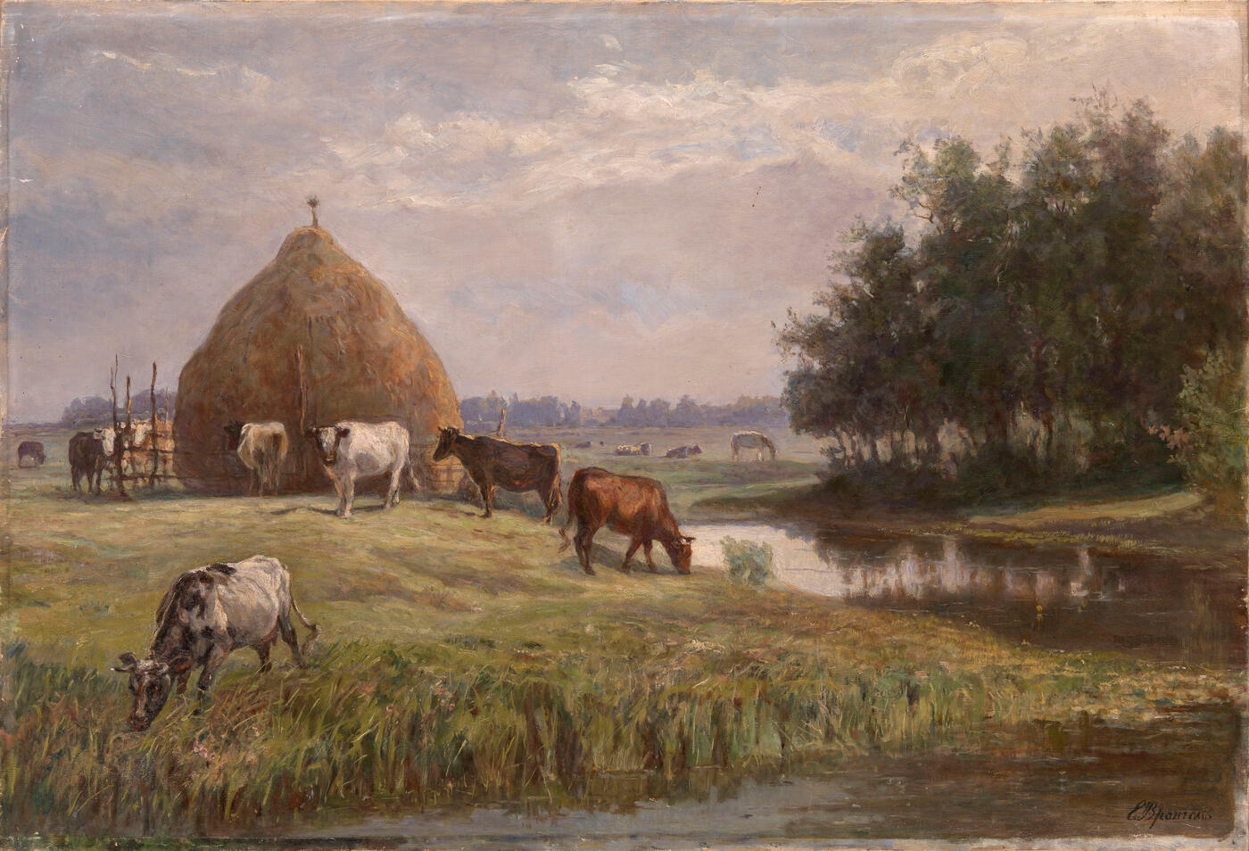 Herd Grazing by a River