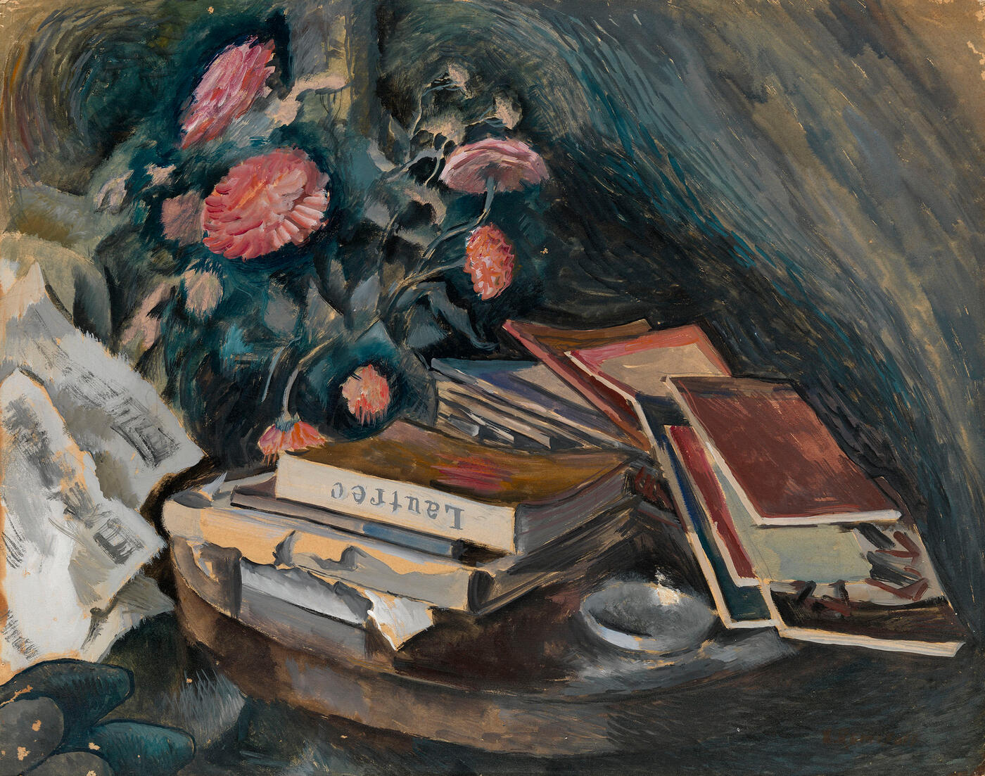 Still Life with Books and Pink Flowers