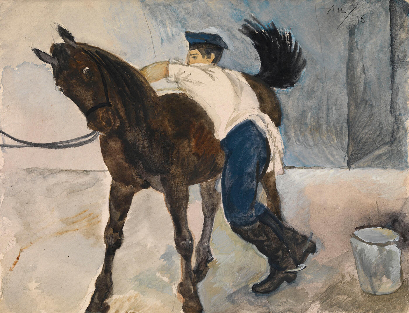 Soldier Washing a Horse