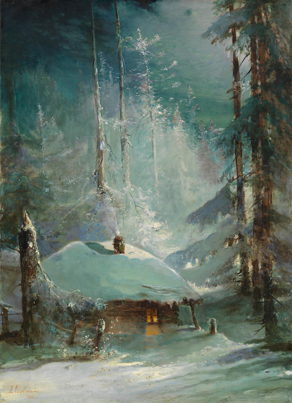 Hut in a Wintry Forest