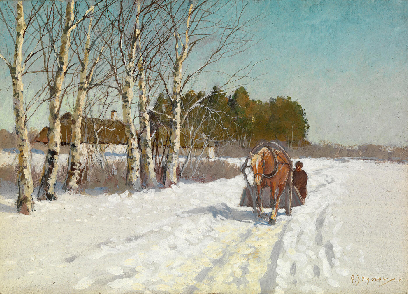 Horse and Sleigh in a Snow-covered Field