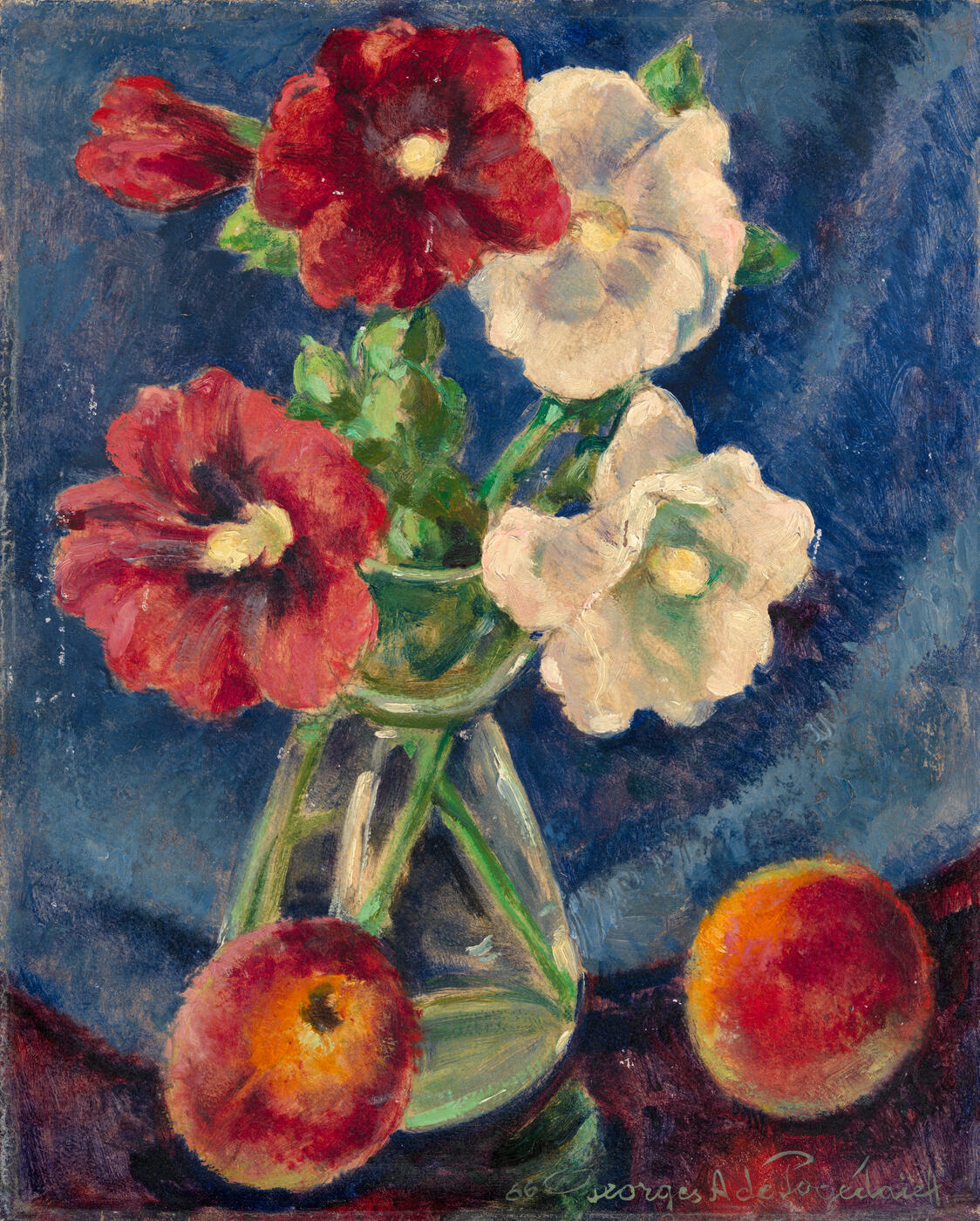 Still Life with Hollyhocks and Peaches
