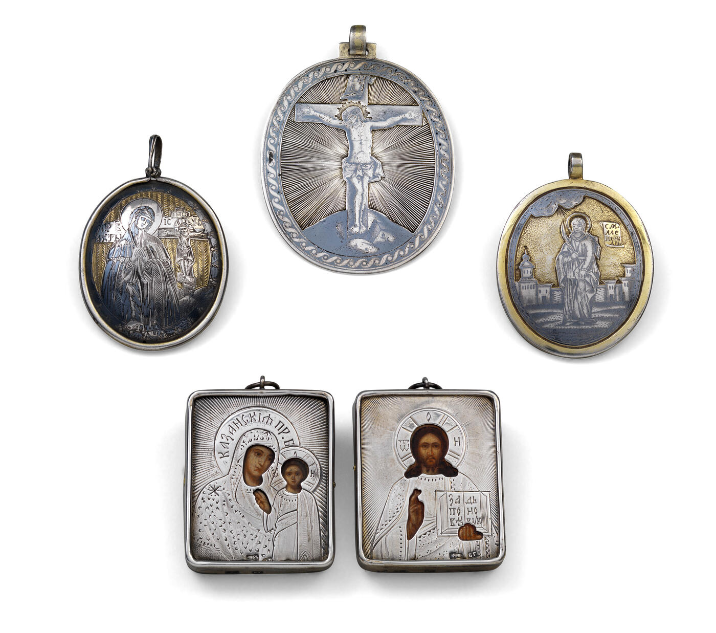 MEDALLIONS CIRCA 1800, LARGER DATED 1814, WEDDING ICONS STAMPED WITH MAKER'S MARKS SG IN CYRILLIC, MOSCOW, 1908-1917, 84 STANDARD