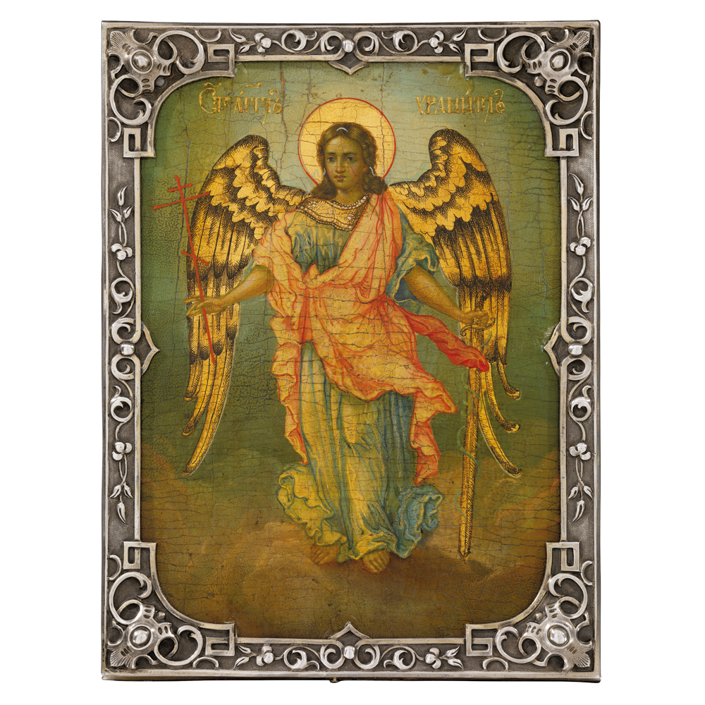 MID 19TH CENTURY, MIXED MEDIA ON PANEL, OKLAD STAMPED WITH MAKER’S MARK OF DMITRY ORLOV, MOSCOW, 1856, 84 STANDARD