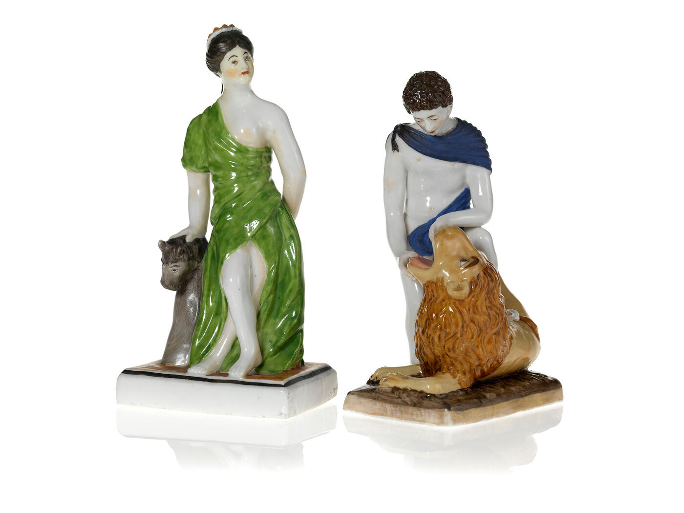 Two Porcelain Figurines of Samson’s Fight with a Lion and a Crowned Beauty with a Horse Head