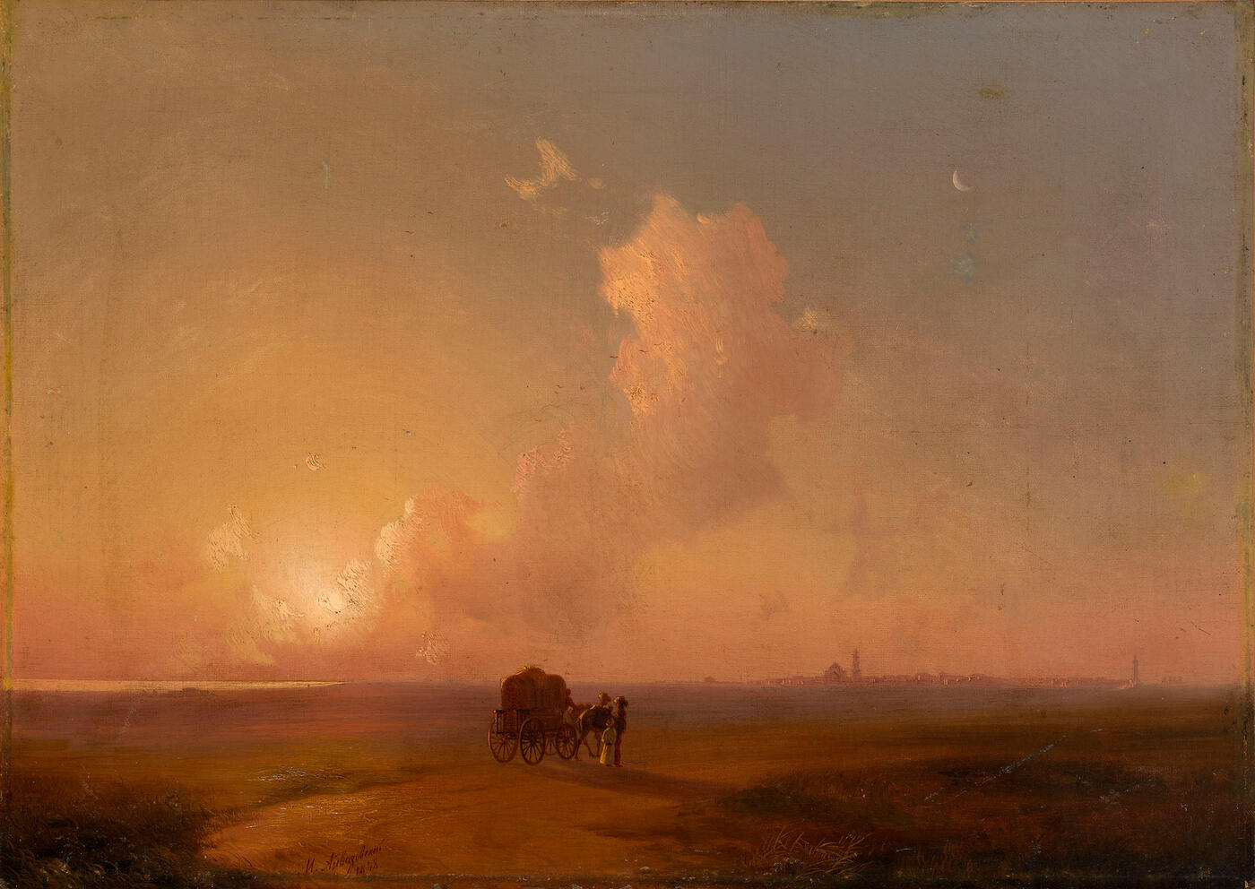 Camel-Cart at Sunset in a Coastal Landscape
