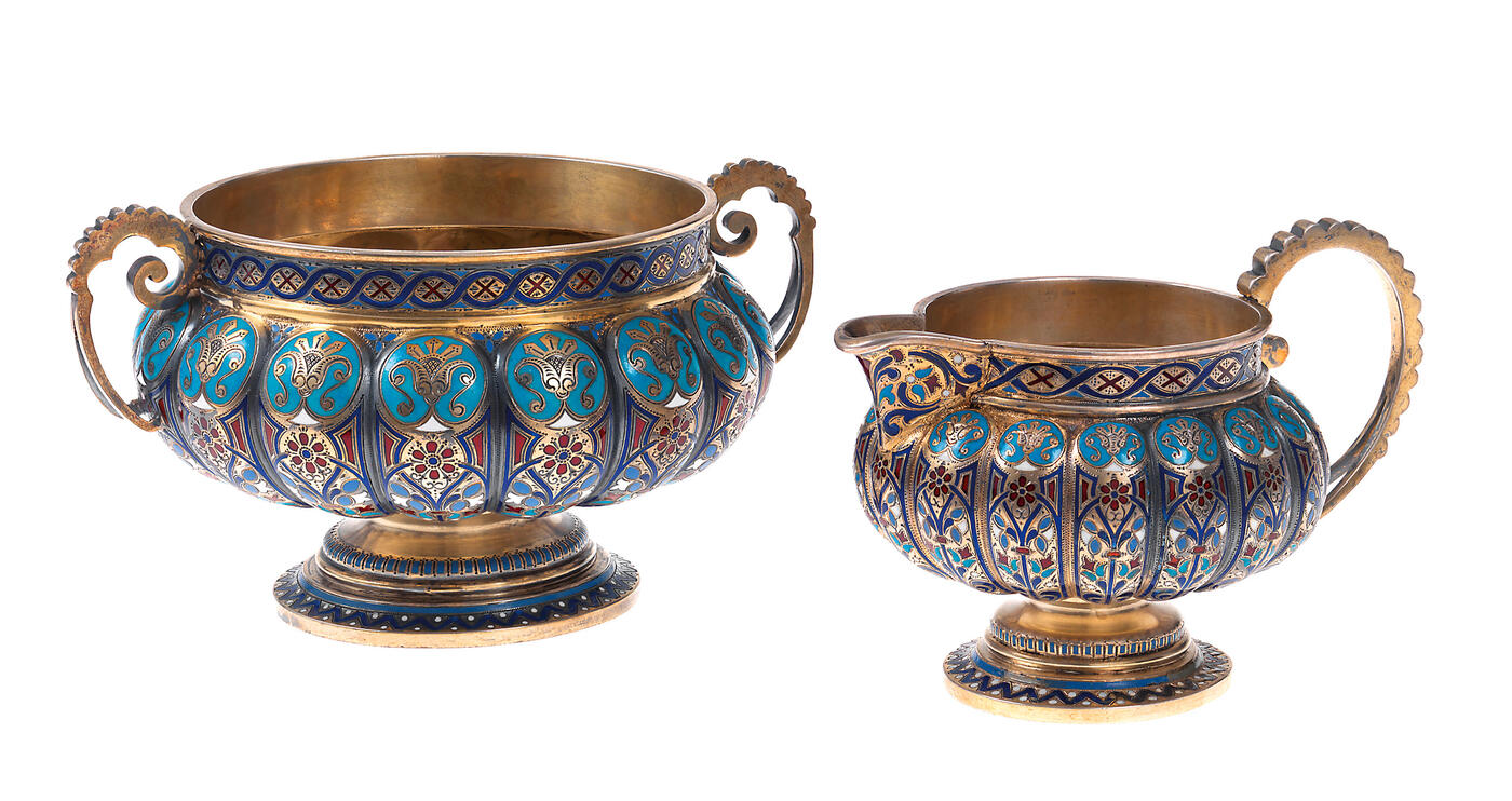 A Russian  Silver-Gilt and Cloisonné Enamel Sugar Bowl and a Creamer