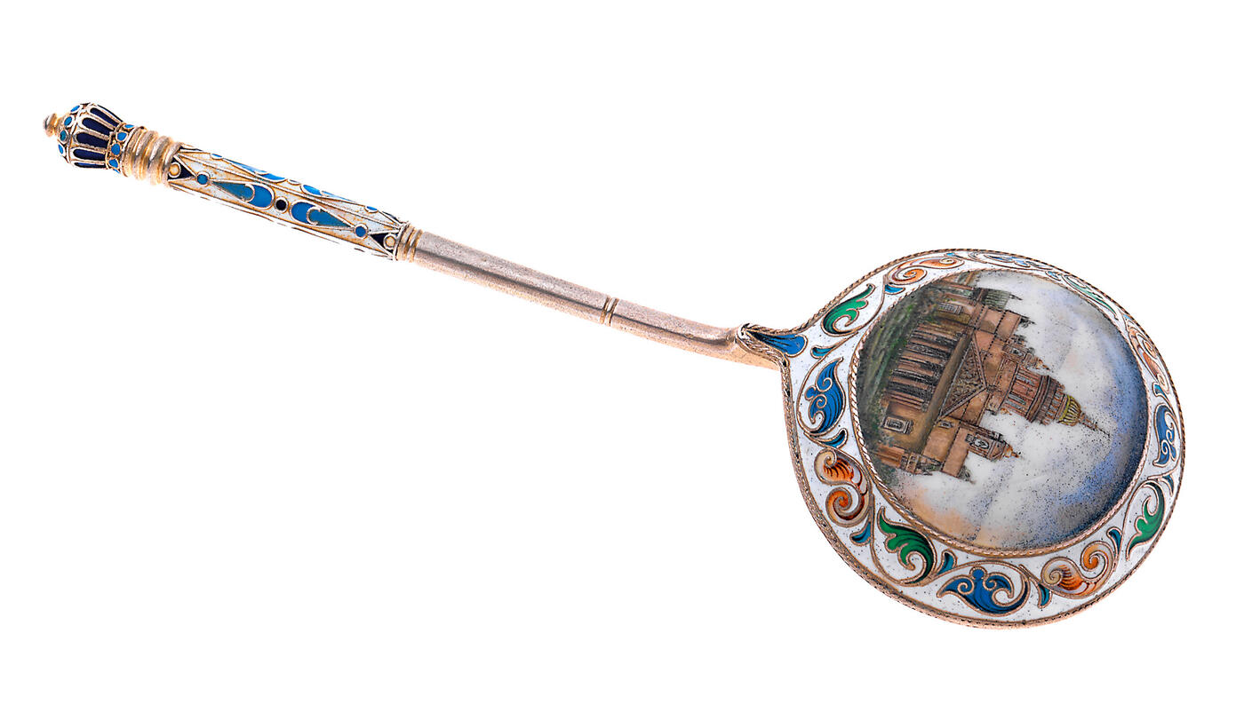 A Russian Silver-Gilt, Cloisonné and Pictorial Enamel Spoon with a View of St Isaac's Cathedral