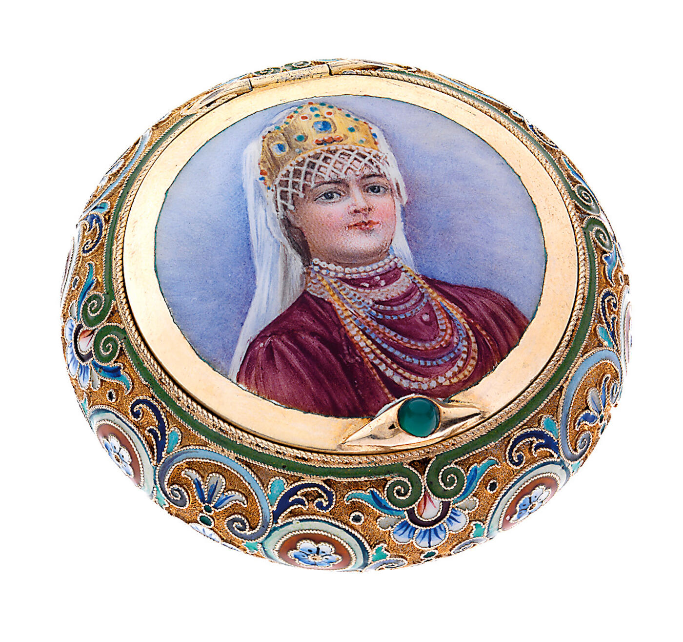 A Russian Silver-Gilt, Cloisonné  and Pictorial Enamel Pill Box