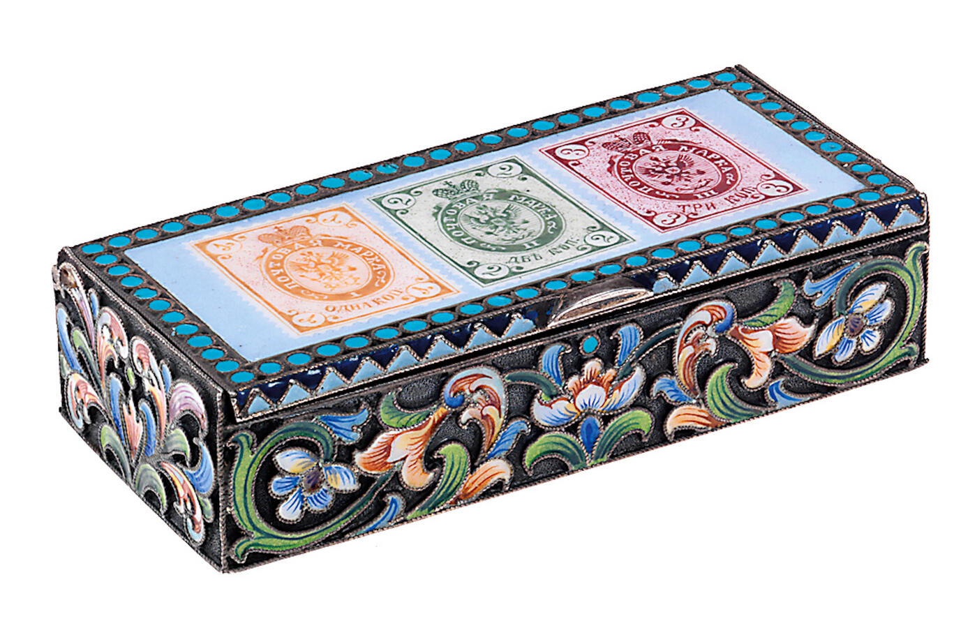 A Russian Silver and Cloisonné Enamel Stamp Box