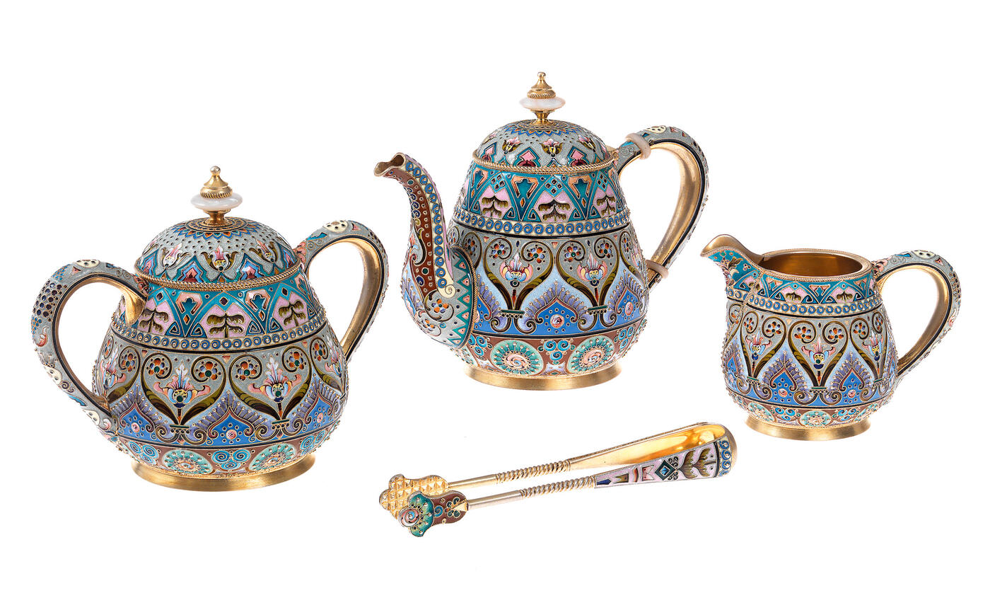 A Russian Silver-Gilt and Cloisonné Enamel Tea Set