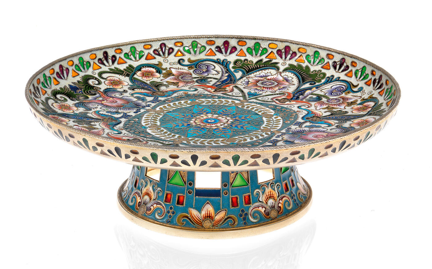 A Russian Silver-Gilt Cloisonné and Plique-à-Jour Enamel Tazza