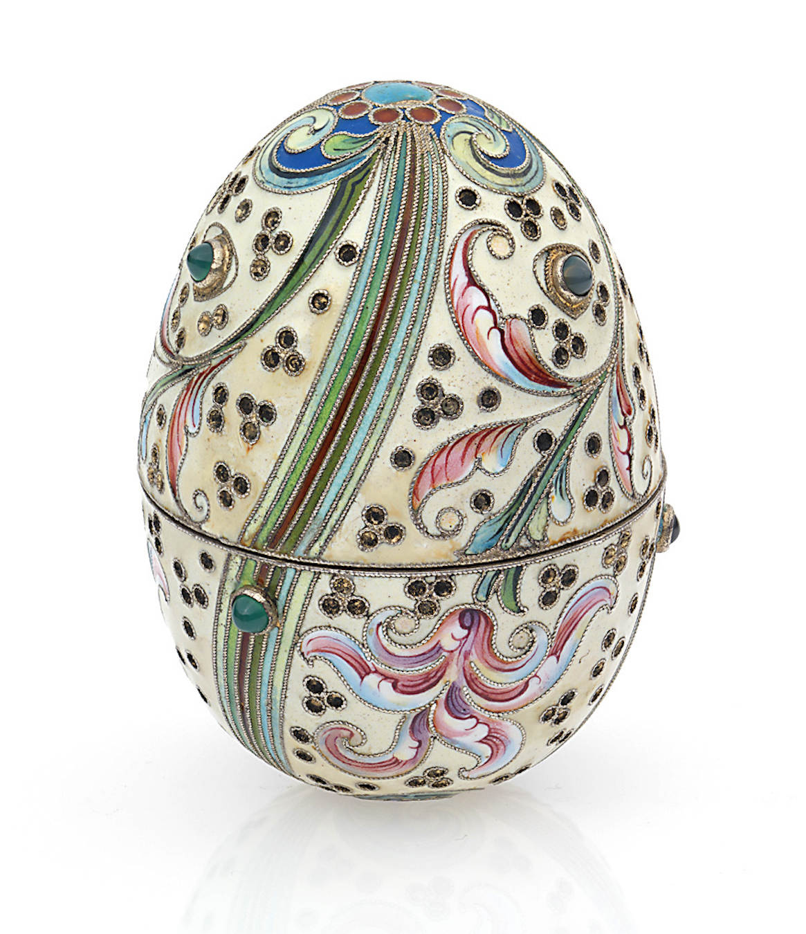 A Russian Gem-Set Silver-Gilt and Cloisonné Enamel Egg