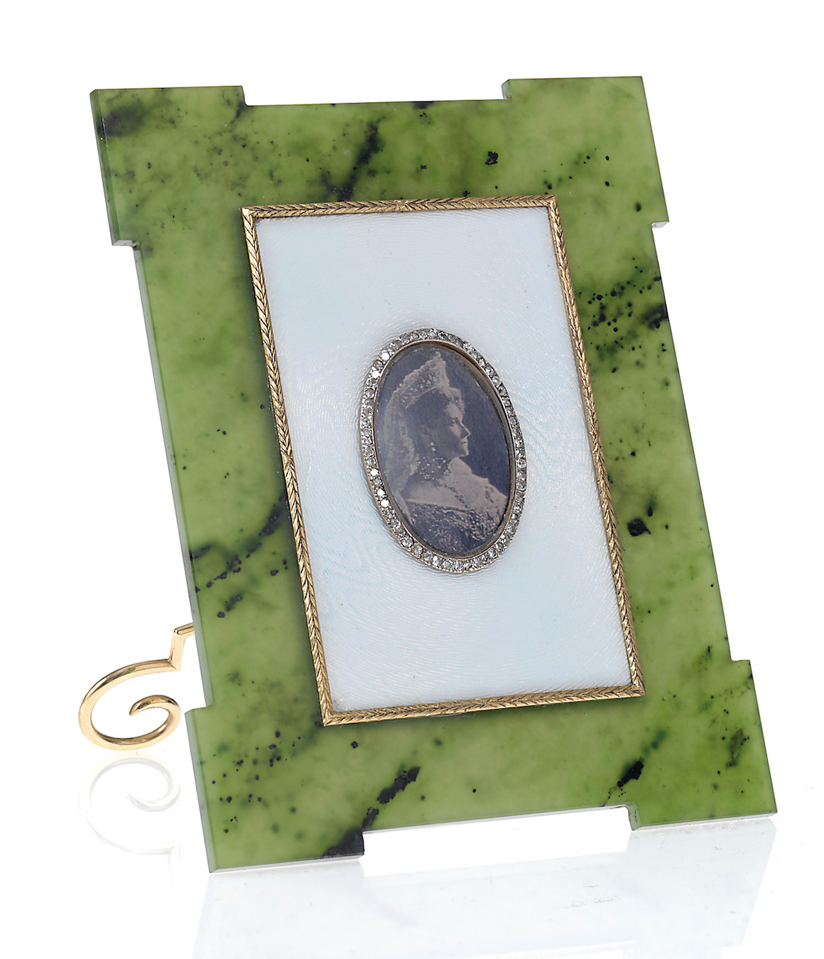 A Fabergé Jewelled Gold Nephrite and Guilloche Enamel Photograph Frame