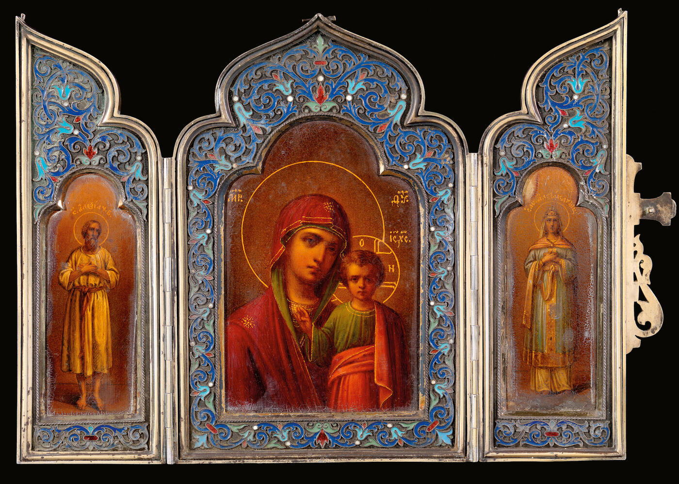 An Important Russian  Silver and Cloisonné Enamel Triptych of the Mother of God of Kazan with Saint Alexis and Saint Empress Alexandra