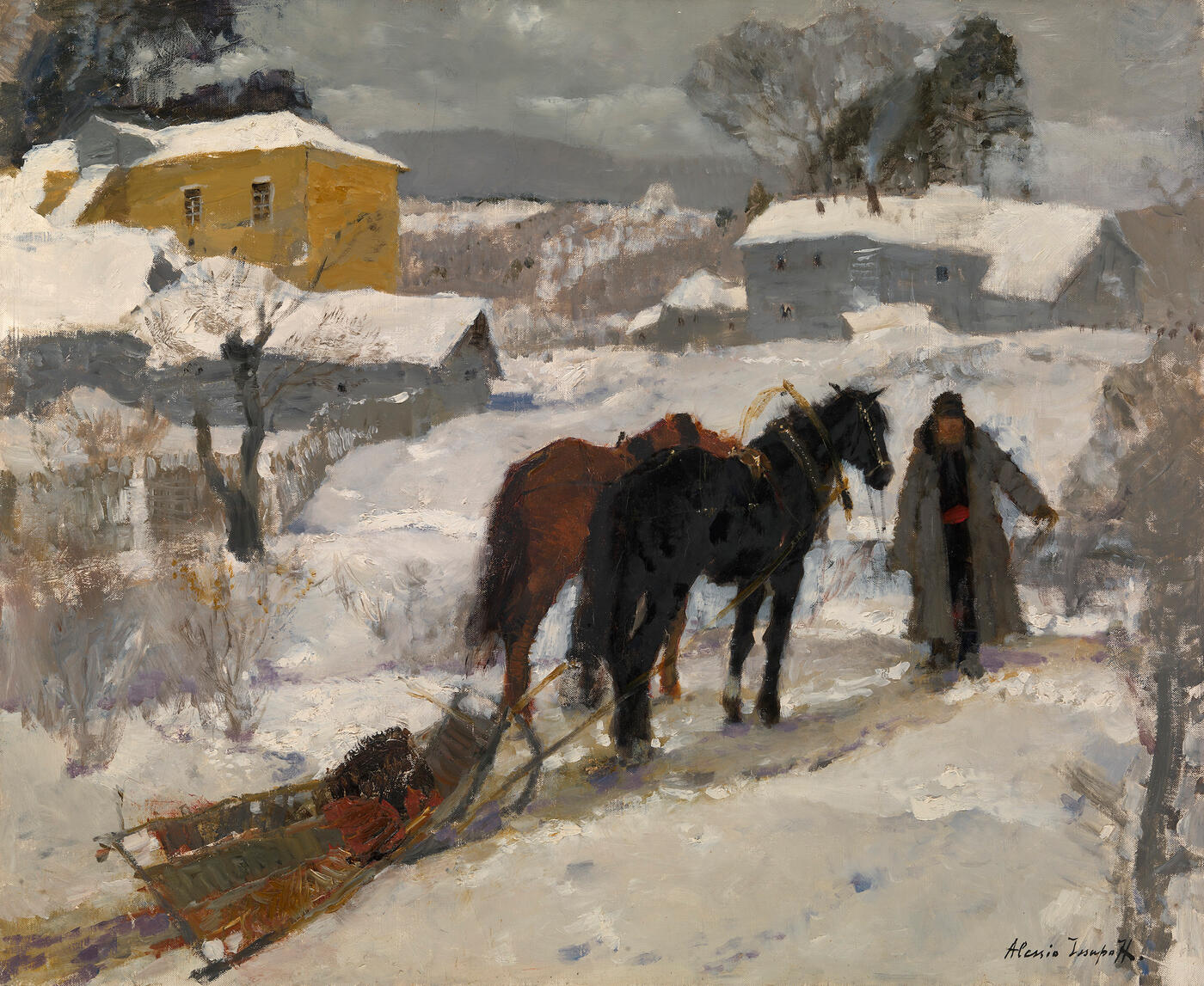 A Man with Two Horses and a Sledge