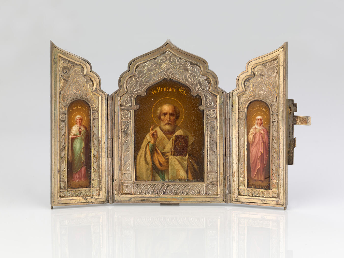 A Miniature Silver Triptych with Nicholas the Miracle-Worker, Maria Magdalena and Holy Martyr Vassa