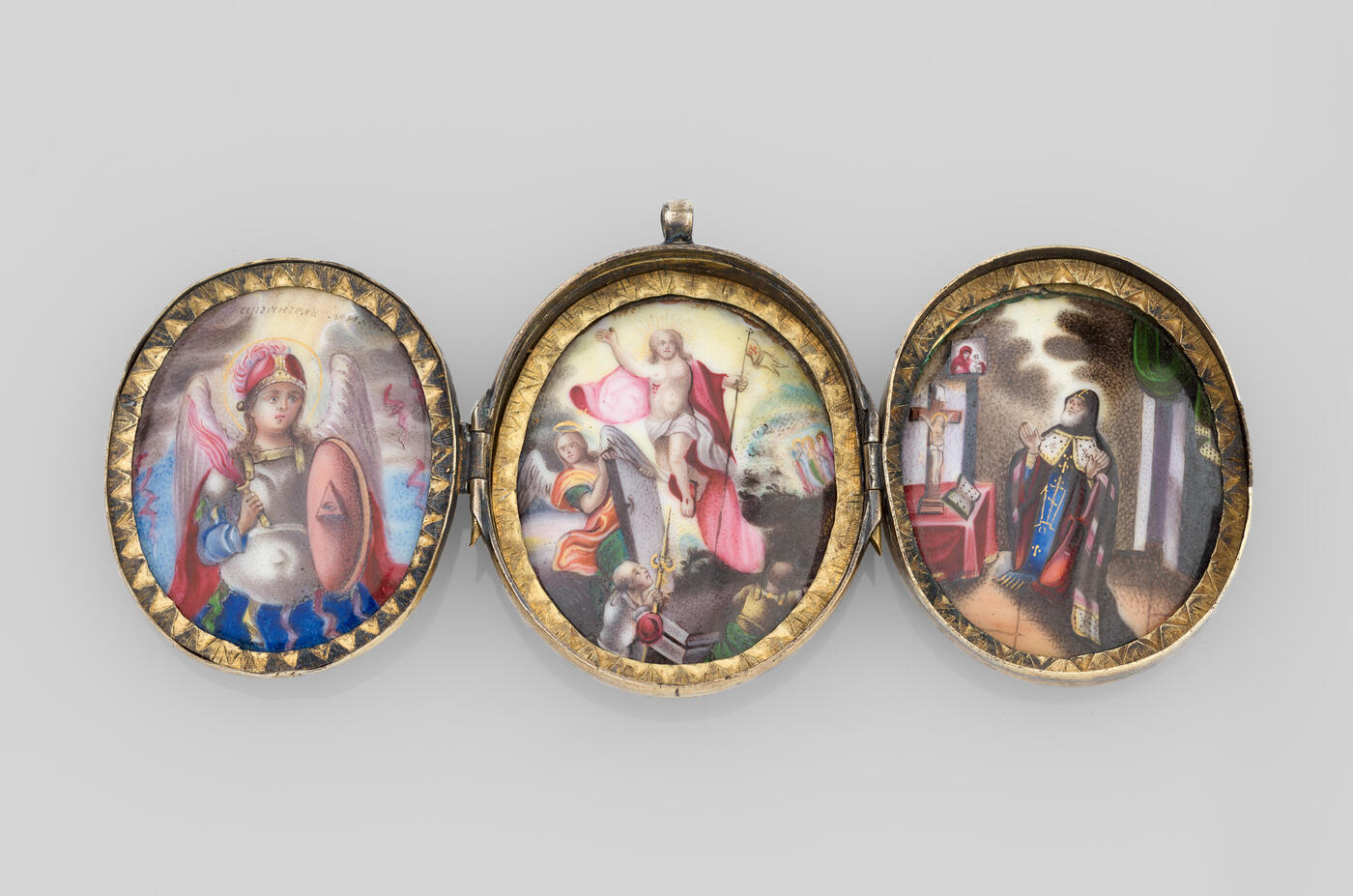 A Silver Triptych with Enamel Icons of Archangel Mikhail, The Resurrection and St Mitrofan  of Voronezh with Commemorative Engraving