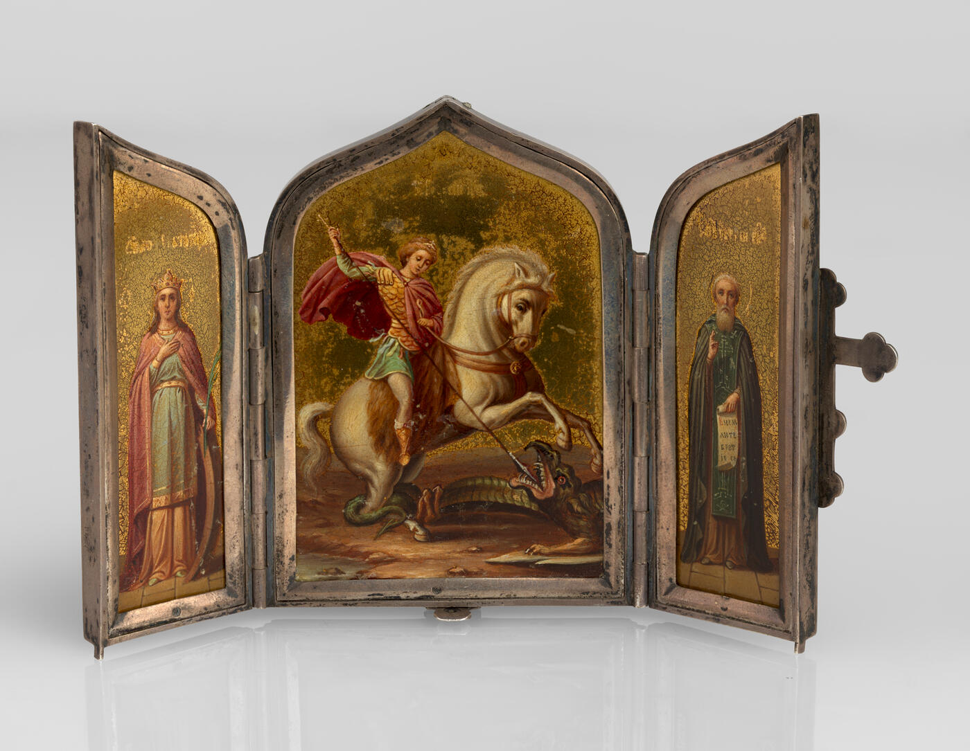 A Presentation Silver Triptych of St Catherine, St George and Sergei of Radonezh