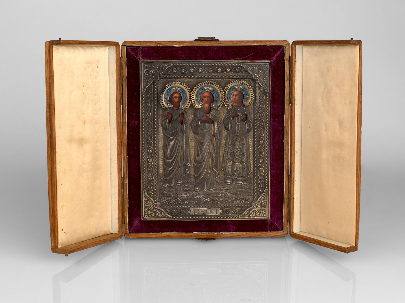 An Icon of St Samon, Gury and Aviv in Silver Oklad with Enamel Halos and Original Wooden Kiot