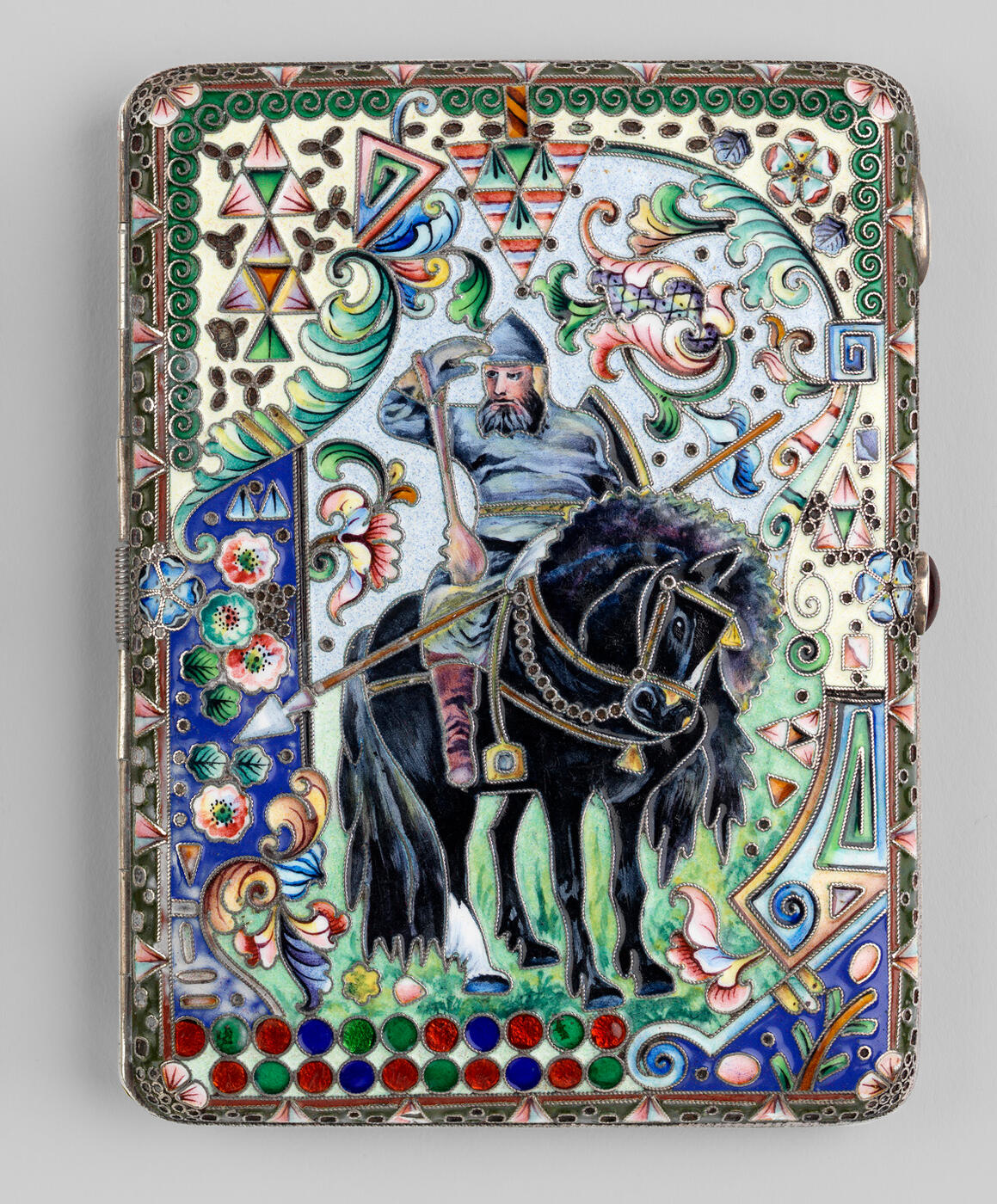 A Silver-Gilt and Cloisonné Enamel Cigarette Case with a Bogatyr