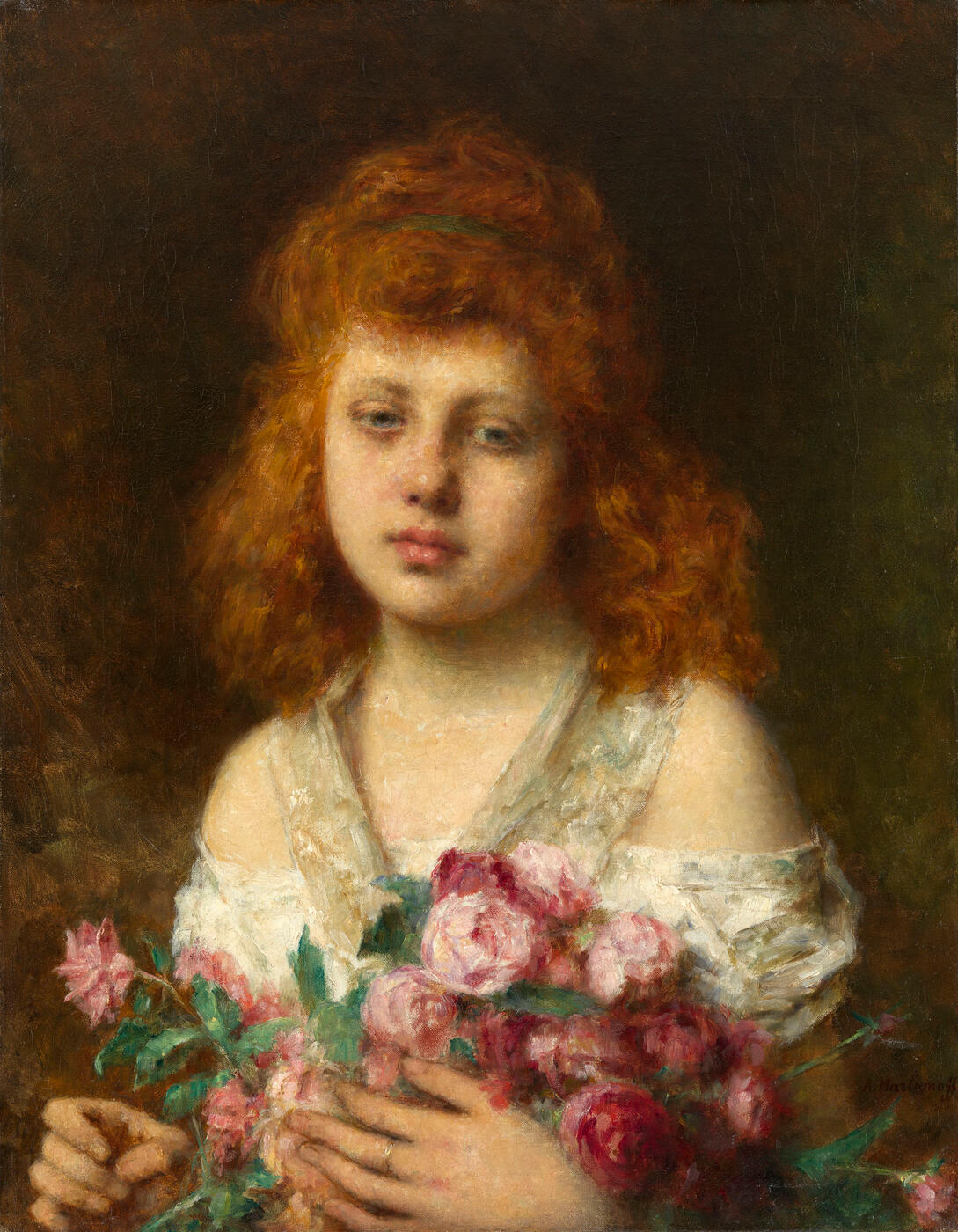 Auburn Haired Girl Holding Red Roses