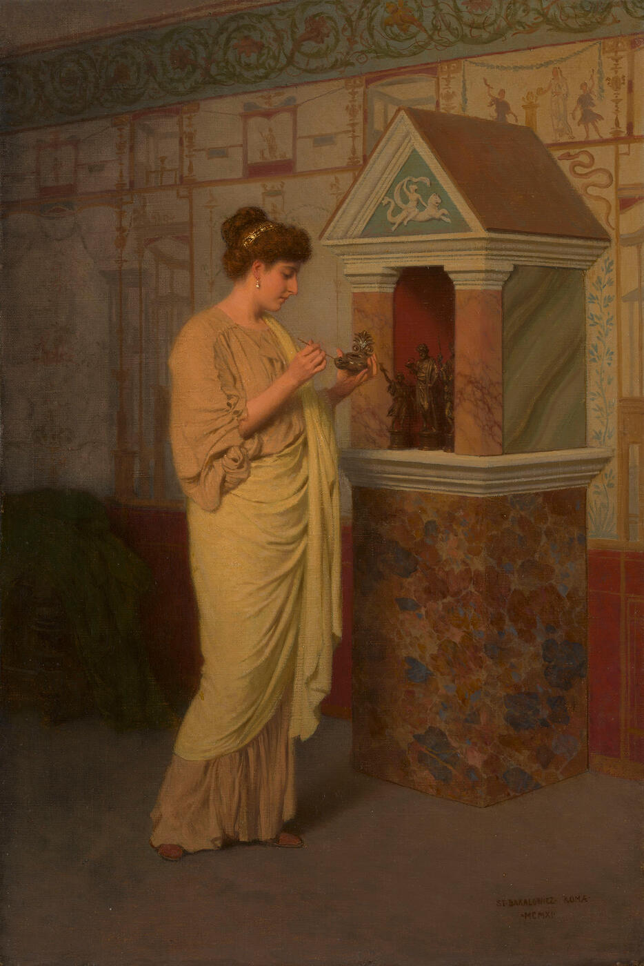 Roman Woman Lighting a Lamp by the Home Altar