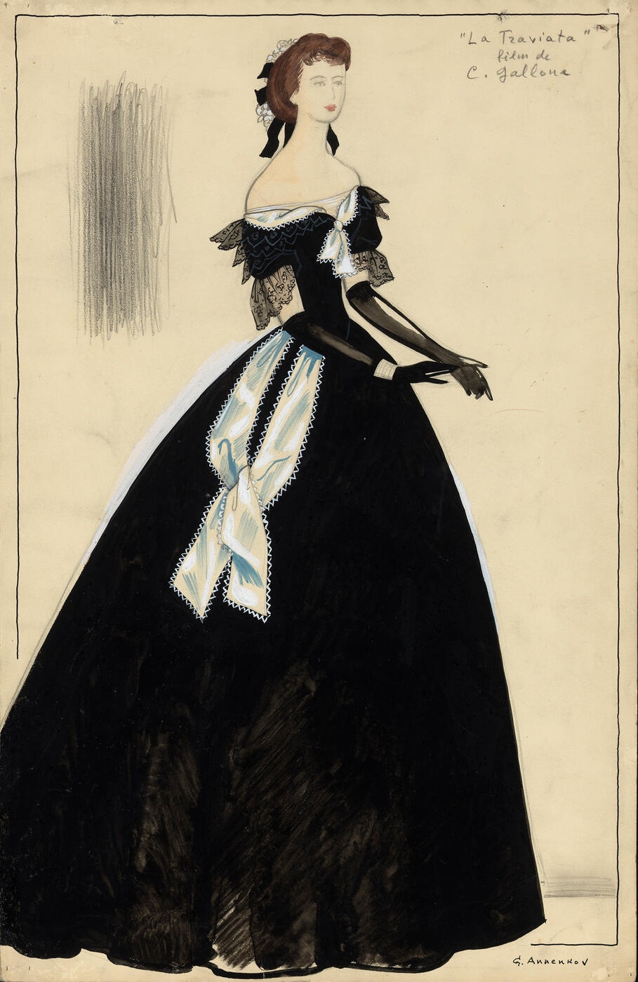 Lady in a Black Gown, Costume Design for the Film "La Signora Dalle Camelie" by Carmine Gallone